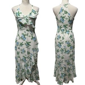 Disney Princess Floral Ruffle High Neck Midi Dress Women's XS Blue Green
